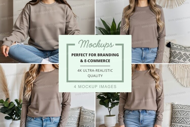 Long sleeve t-shirt mockup in beige with model example image 1