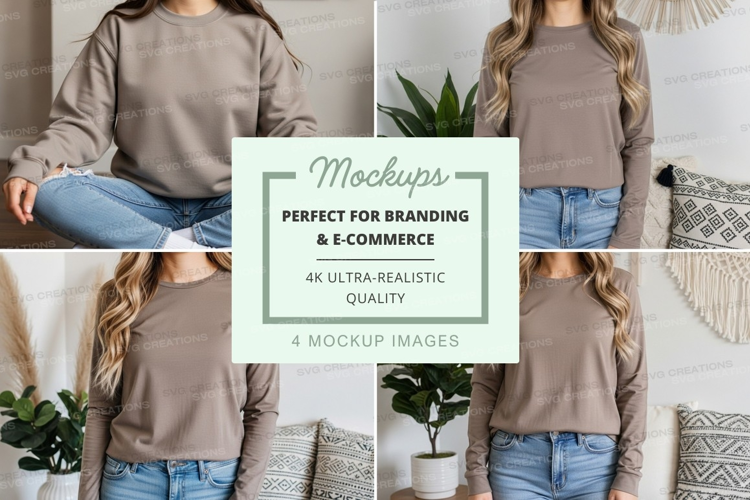 Long sleeve t-shirt mockup in beige with model