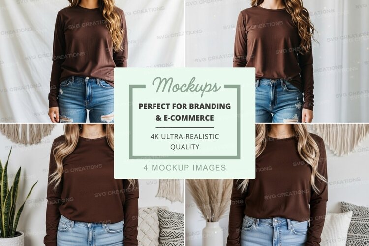 Brown long sleeve crew neck t-shirt mockup on female model example image 1