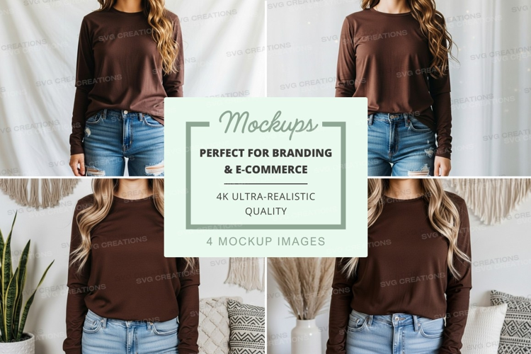 Brown long sleeve crew neck t-shirt mockup on female model