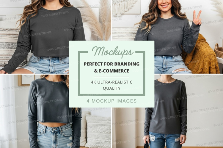 Long sleeve t-shirt mockup - dark gray, crew neck, various v