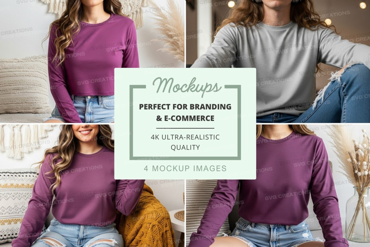 Long sleeve t-shirt mockup in purple and gray