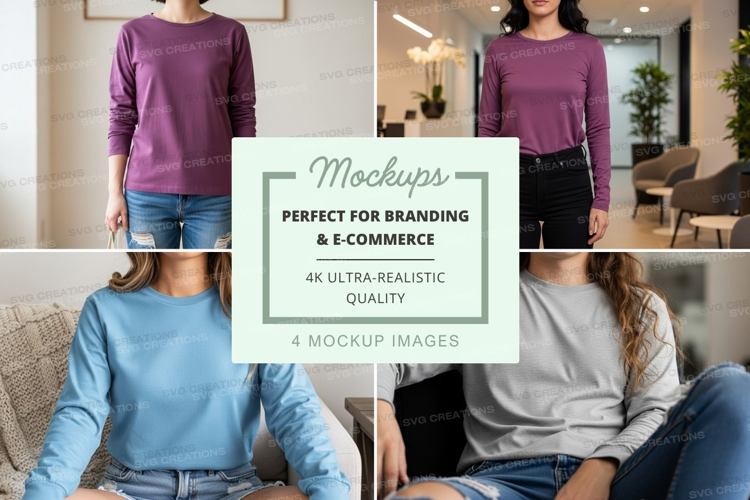 Group mockup of women wearing long sleeve t-shirts in living
