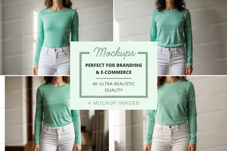 Long sleeve t-shirt mockup - light green, women's crew neck