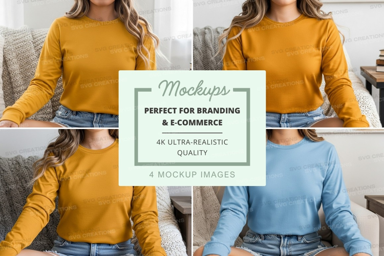 Long sleeve t-shirt mockup in mustard and light blue colors