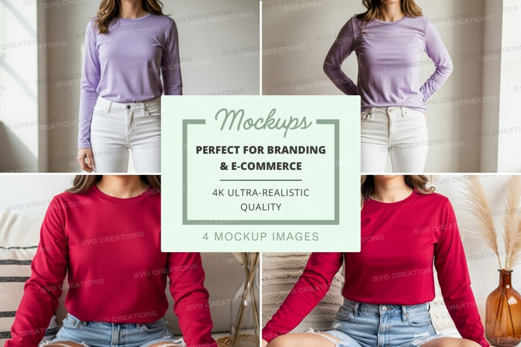 Long sleeve t-shirt mockup in lavender and red