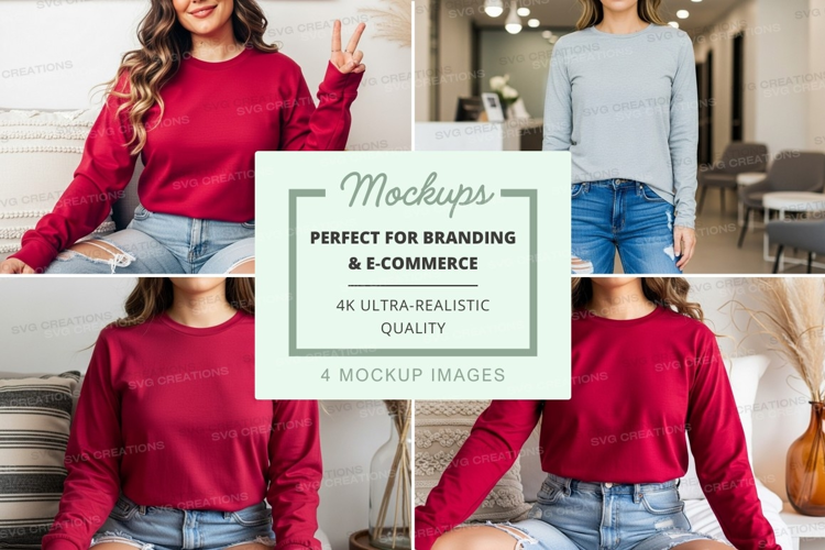 Long sleeve t-shirt mockup in red and light blue