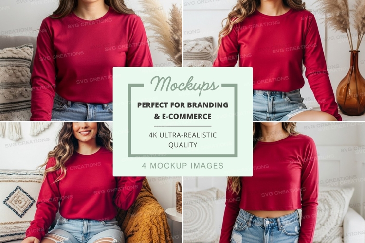 Long sleeve t-shirt mockup - red - crew neck - model wearing