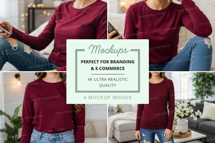 Long sleeve t-shirt mockup in burgundy