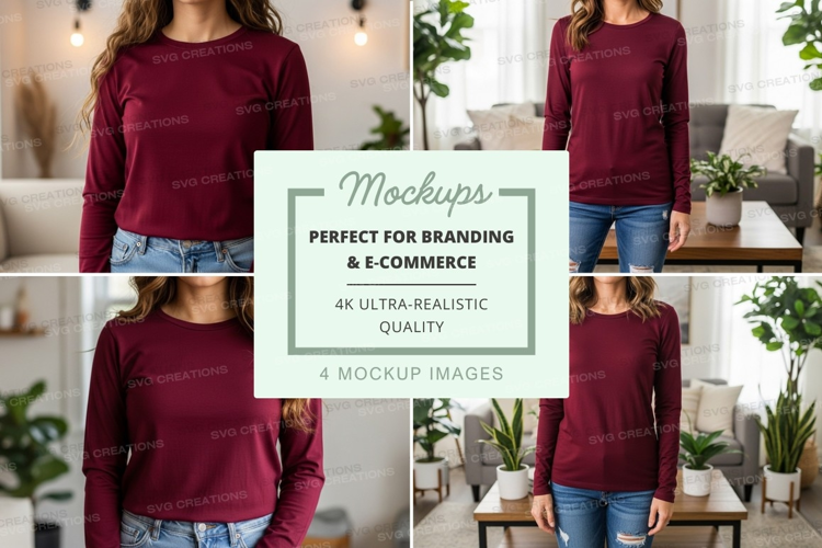 Long sleeve t-shirt mockup in burgundy