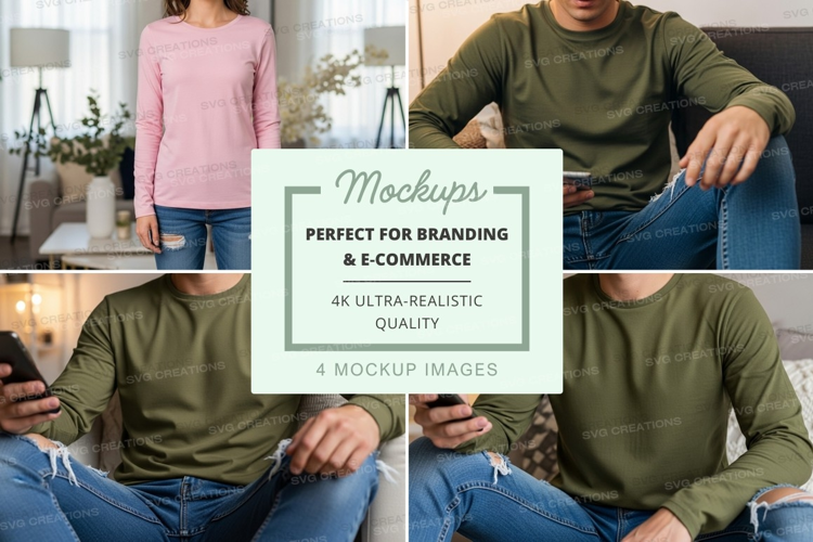 Mockup of people wearing long sleeve t-shirts in a living ro