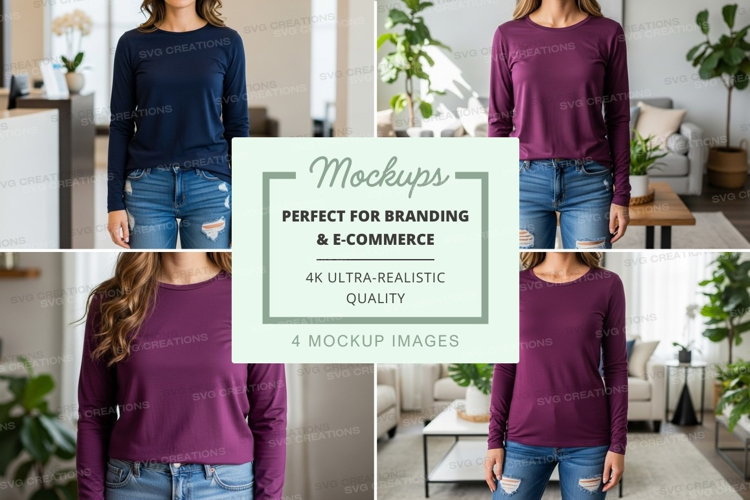 Long sleeve t-shirt mockup in navy and burgundy