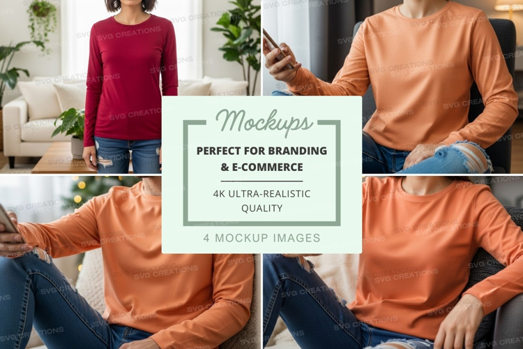 Long sleeve t-shirt mockup in living room setting