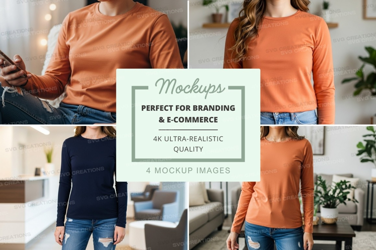 Long sleeve t-shirt mockup in burnt orange and navy blue