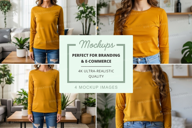 Long sleeve t-shirt mockup in mustard yellow
