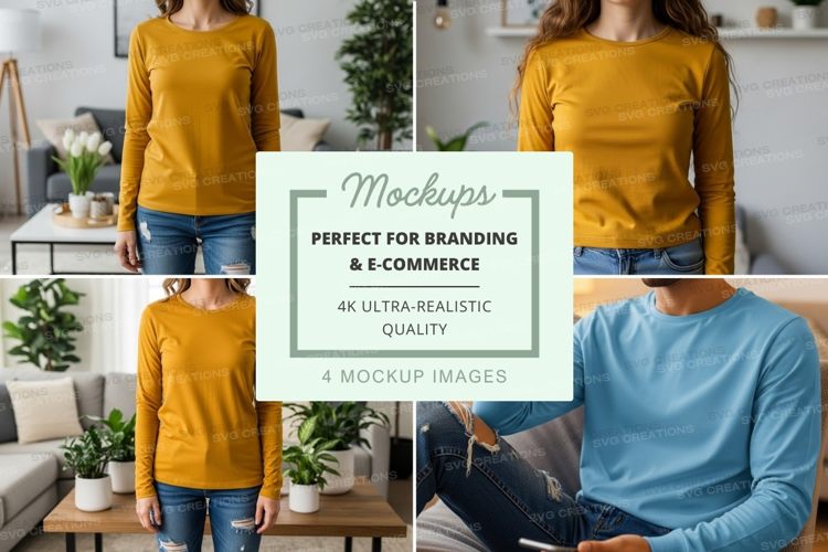 Long sleeve t-shirt mockup in living room setting