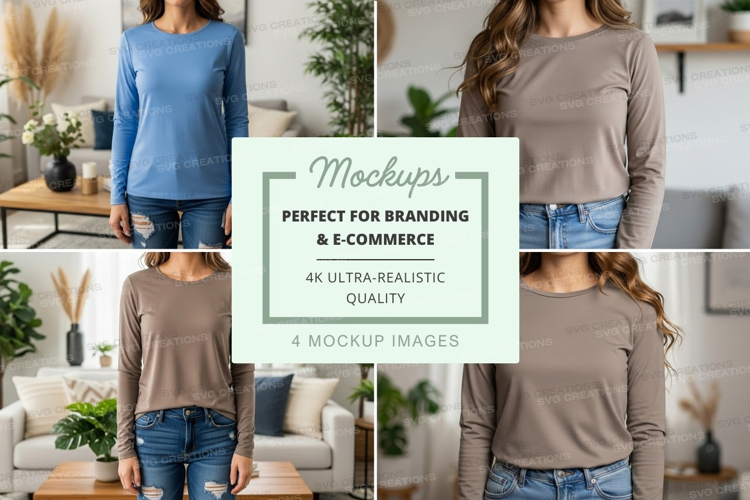 Long sleeve t-shirt mockup in blue and beige