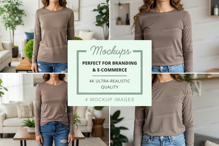 Long sleeve t-shirt mockup in beige example image 1