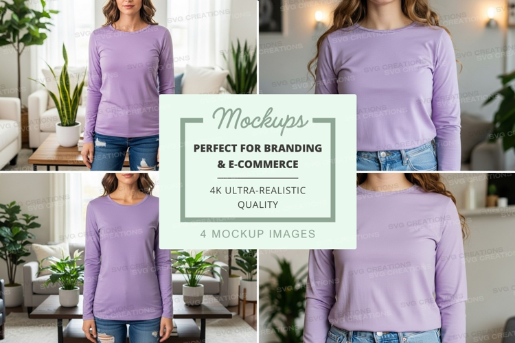 Long sleeve t-shirt mockup in lavender with model
