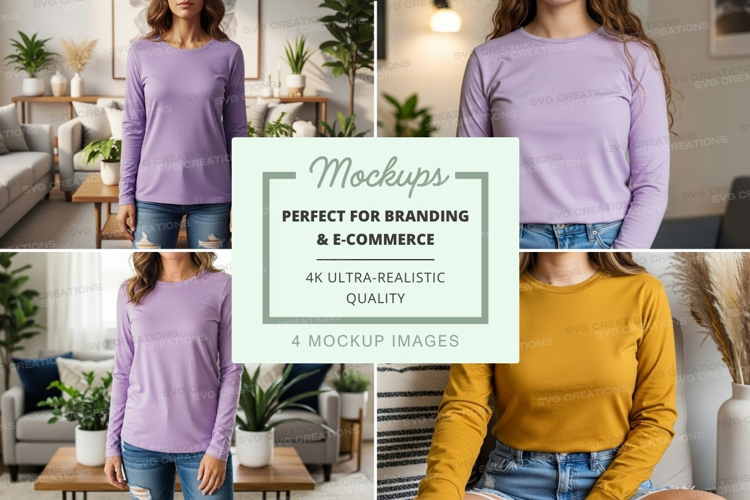 Long sleeve t-shirt mockup in purple and yellow