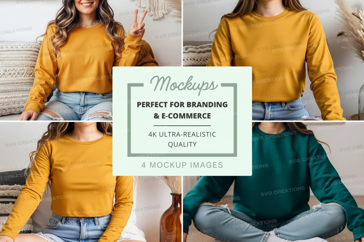 Long sleeve crew neck t-shirt mockup in mustard and teal col