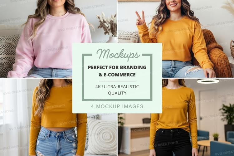 Long sleeve t-shirt mockup in pink and mustard yellow