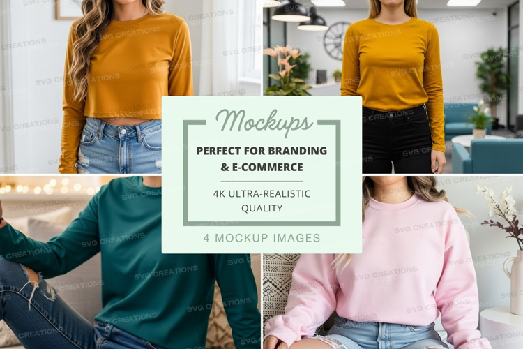 Group mockup of long sleeve t-shirts in mustard, pink, and g