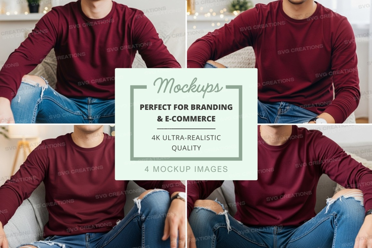 Four men wearing burgundy crew neck t-shirts and blue jeans