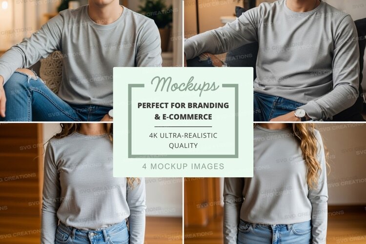 Long sleeve t-shirt mockup - light grey - four views example image 1