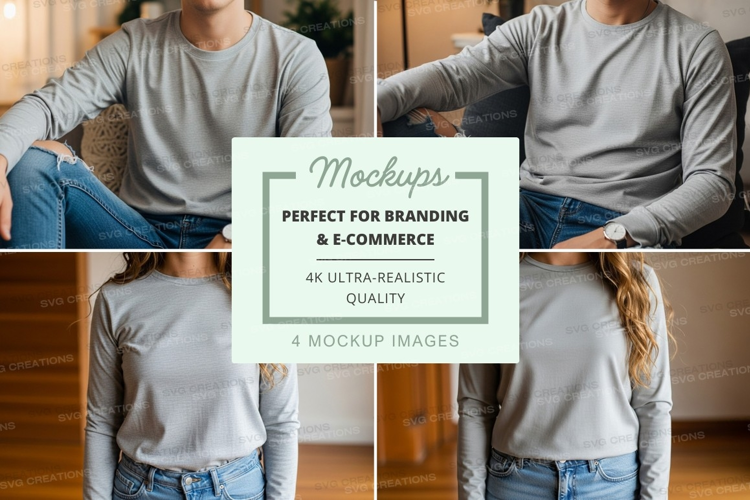 Long sleeve t-shirt mockup - light grey - four views