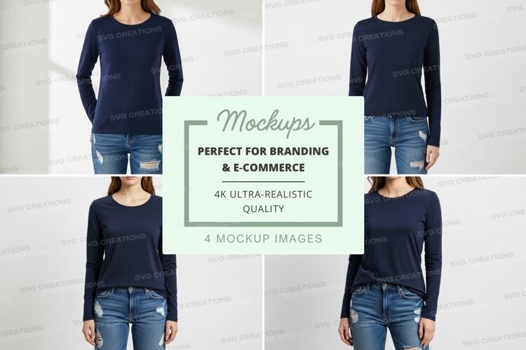 Women's navy blue long sleeve crew neck t-shirt mockup example image 1