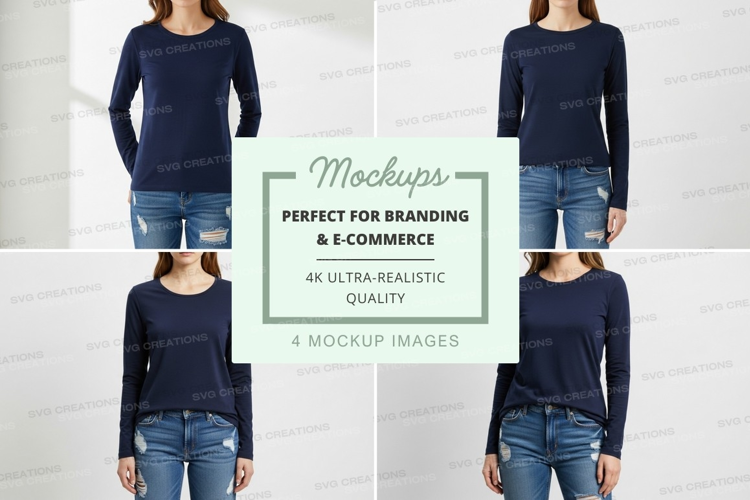 Women's navy blue long sleeve crew neck t-shirt mockup