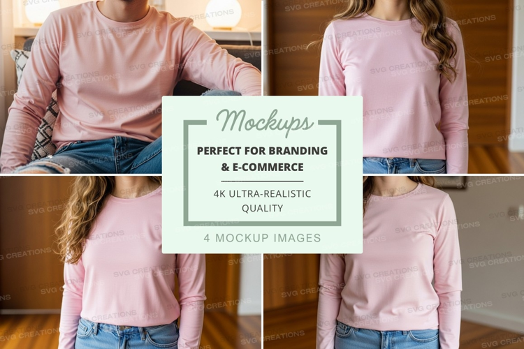 Long sleeve t-shirt mockup - pink, front and back views