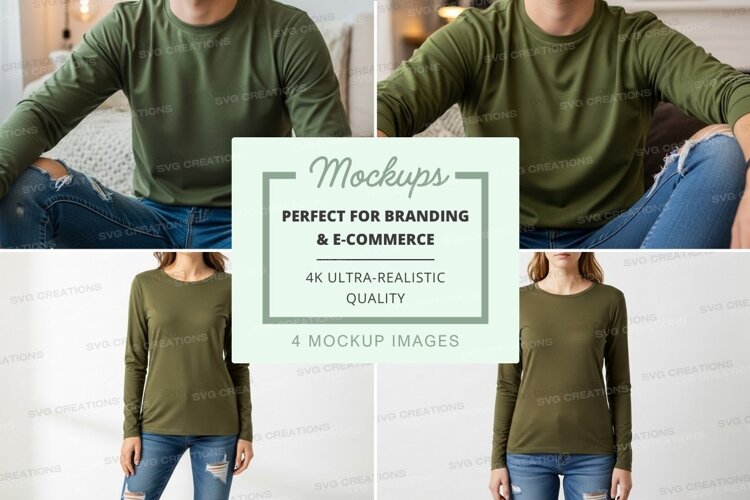Mockup of olive green long sleeve t-shirts example image 1