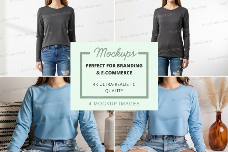 Long sleeve t-shirt mockup - gray and light blue, front and