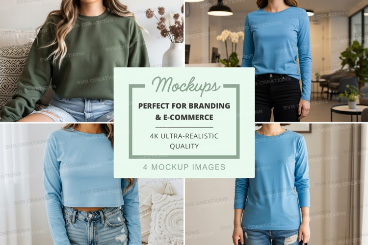 Long sleeve t-shirt mockup in light blue and olive green