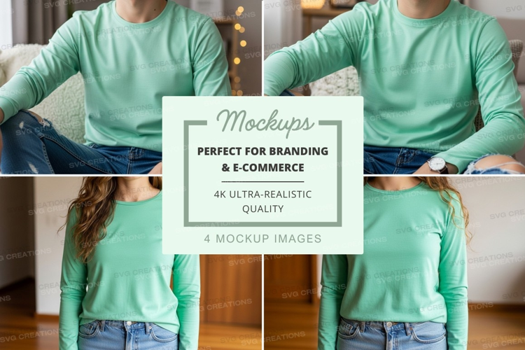 Long sleeve t-shirt mockup - light green - four views