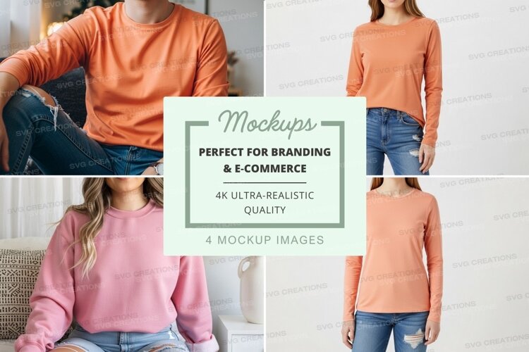 Long sleeve crew neck t-shirt mockup in orange and pink example image 1