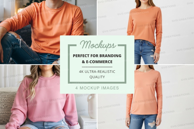 Long sleeve crew neck t-shirt mockup in orange and pink