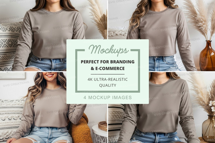 Long sleeve crew neck t-shirt mockup in light gray