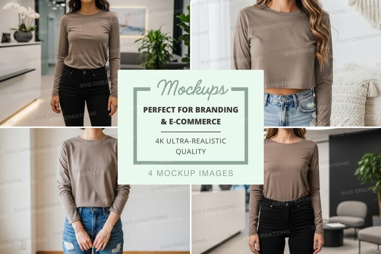 Long sleeve t-shirt mockup - beige - front and back views example image 1