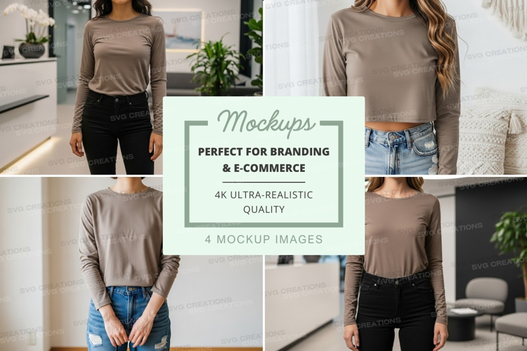 Long sleeve t-shirt mockup - beige - front and back views