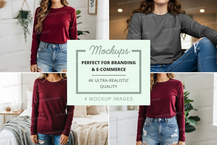 Long sleeve crew neck t-shirt mockup in burgundy and gray