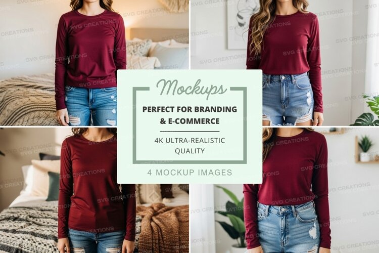 Long sleeve t-shirt mockup in burgundy example image 1