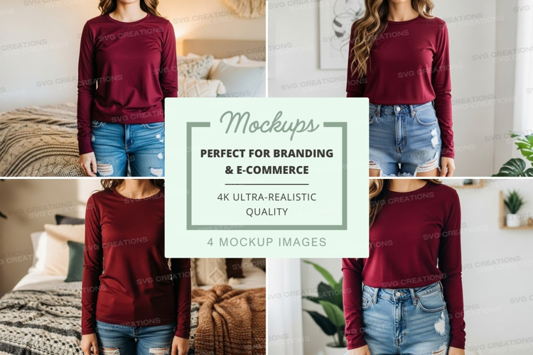 Long sleeve t-shirt mockup in burgundy