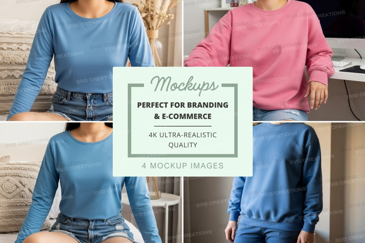 Long sleeve t-shirt mockup in blue and pink