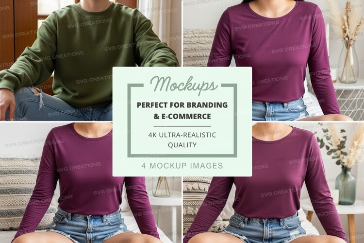 Four long sleeve t-shirt mockups in different colors example image 1