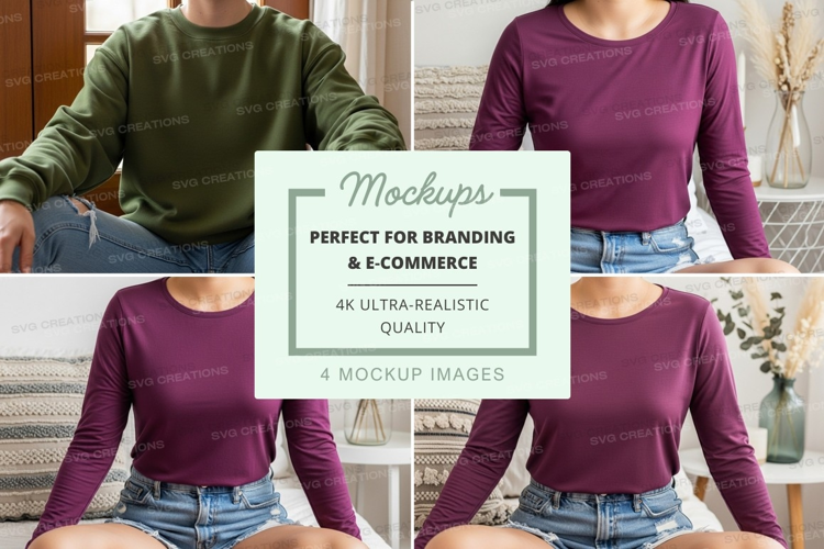 Four long sleeve t-shirt mockups in different colors