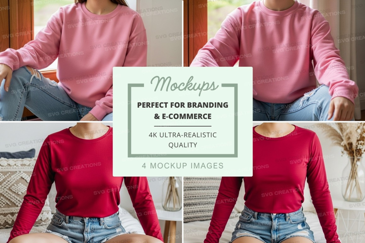 Long sleeve t-shirt mockup in pink and red