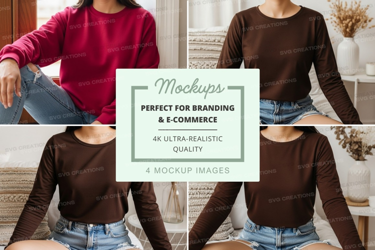 Long sleeve t-shirt mockup in brown and red